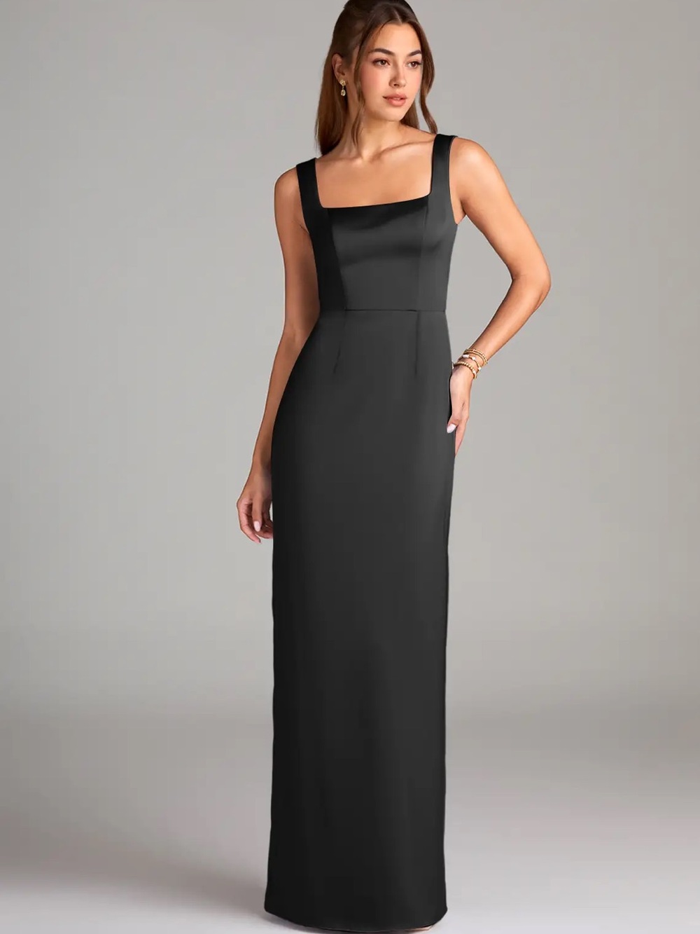Azazie Flori Satin Elegant Black Square-Neck Gown - formal, wedding, event